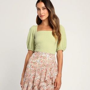 “Everywhere You Go” Lime Green Puff Sleeve Lace-Up Bodysuit Lulu’s